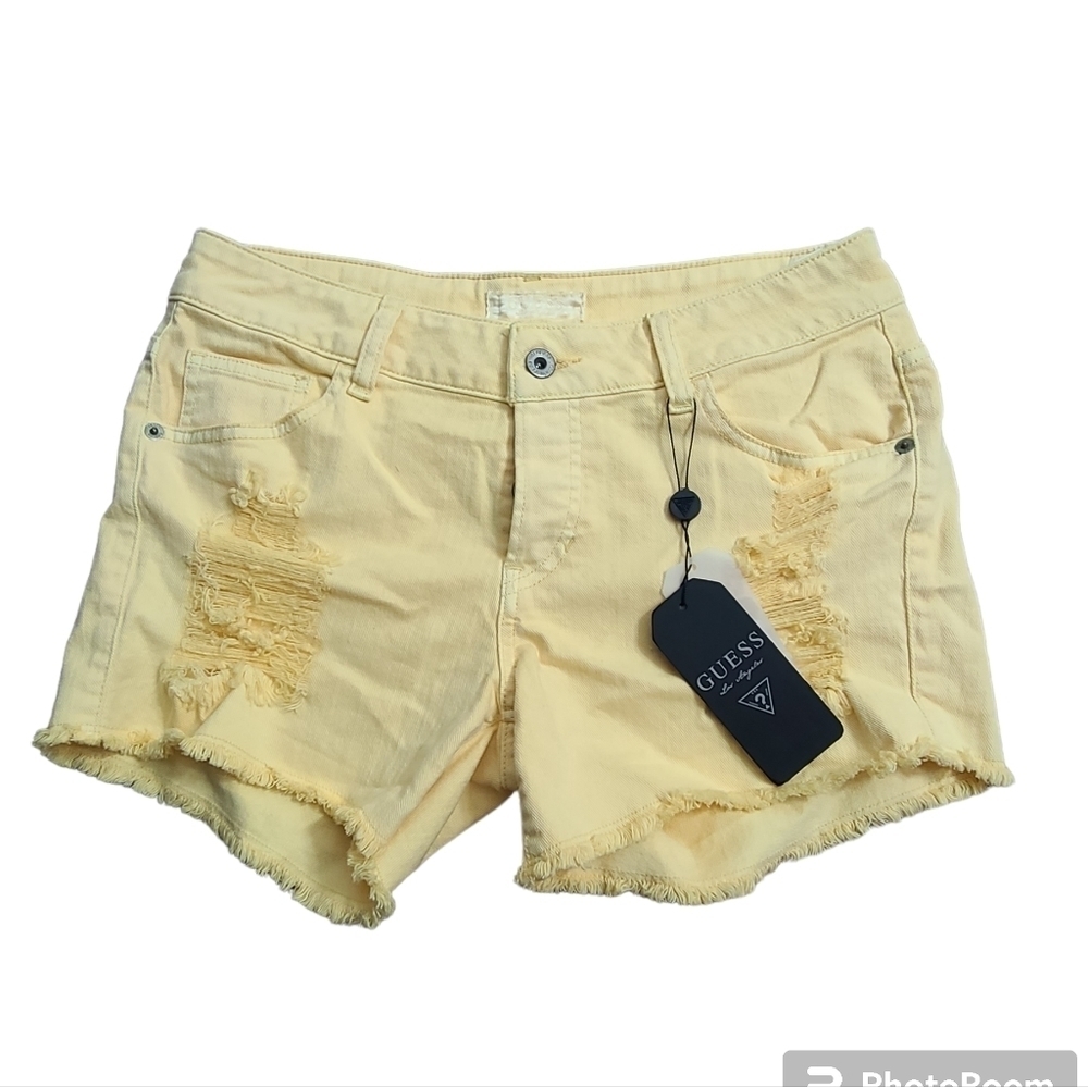 Guess Yellow Distressed Jeans Shorts with Frayed Hem Women's Size 28